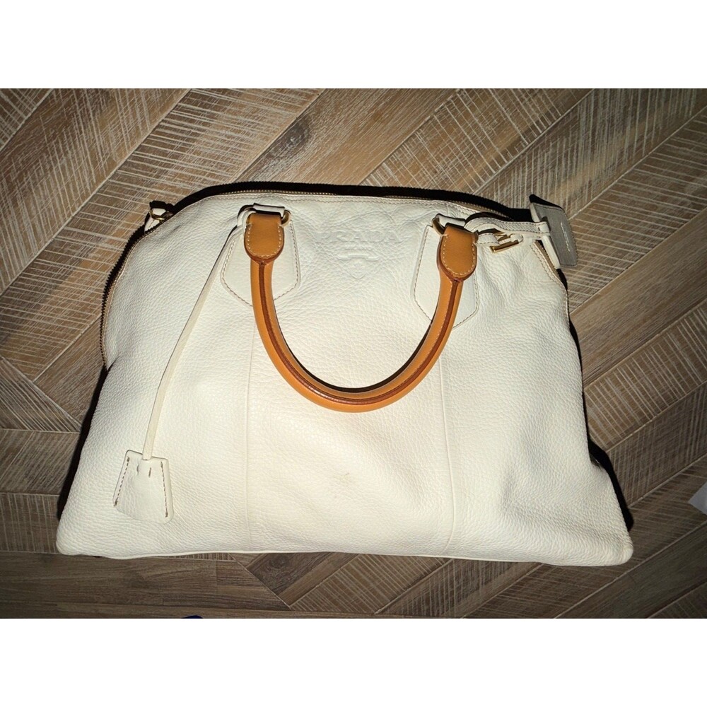 White Prada Signature Leather Dome Tote Bag Neutral Handles